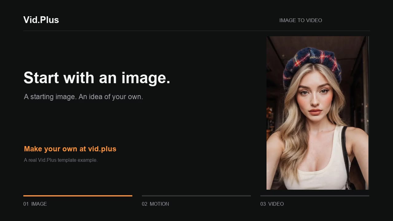 VidPlus walkthrough: a starting portrait, the Blow Kiss motion, and a finished video.